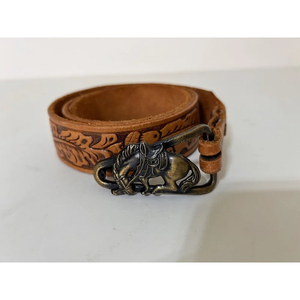 Justin Brass Horse Buckle Top Grain Cowhide‎ Leather Belt Tooled Size 34 USA